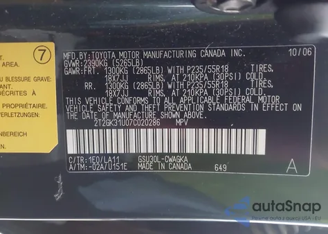 2007 Lexus Rx z USA, uszkodzony, nr VIN 2T2GK31U07C020286